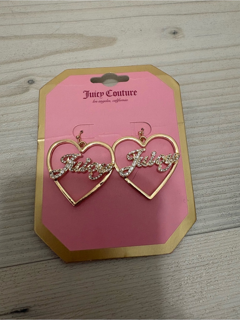 NWT Juicy Couture Crystal Heart Drop Script Logo Earrings
